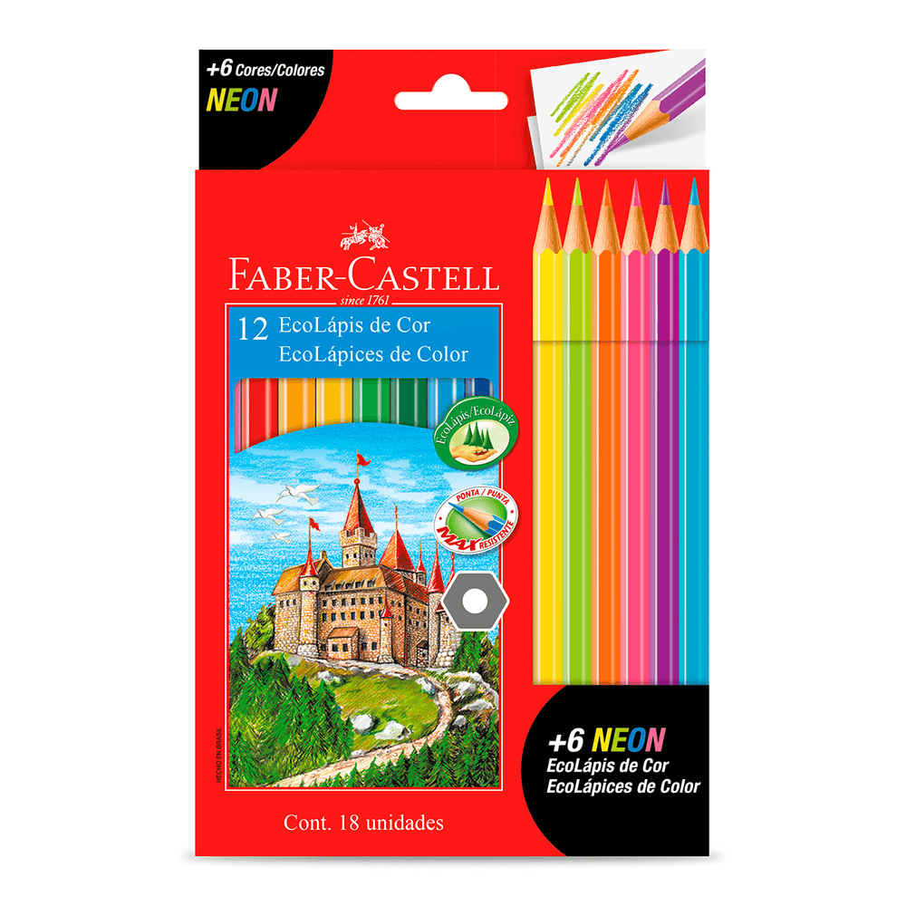 Lápices de Colores Faber Castell 12 Colores + 6 Colores Neón - polipapel